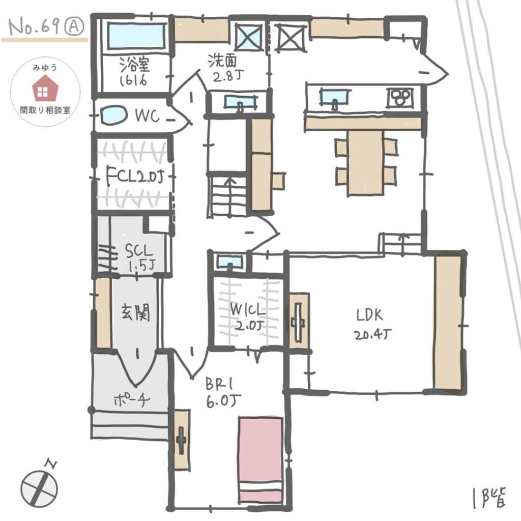 お互いが気を使わずに済む完全同居型二世帯住宅の間取り【37坪3LDK2階建】No.69A-1階