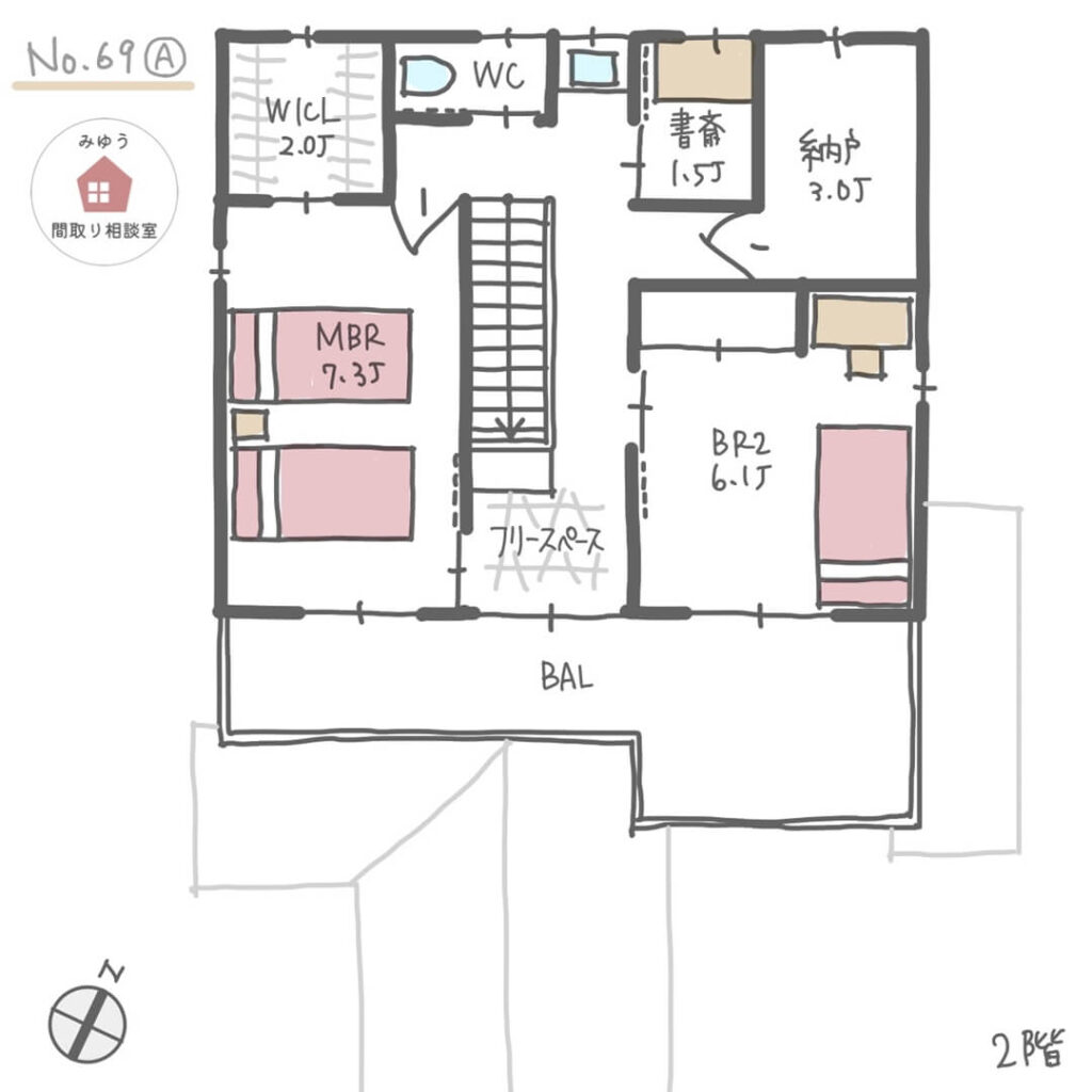 お互いが気を使わずに済む完全同居型二世帯住宅の間取り【37坪3LDK2階建】No.69A-2階