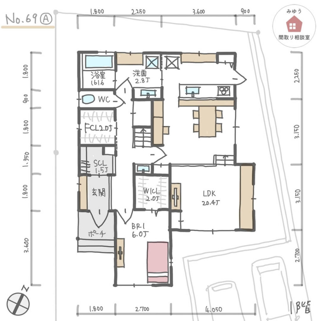 お互いが気を使わずに済む完全同居型二世帯住宅の間取り【37坪3LDK2階建】No.69A-寸法有1階