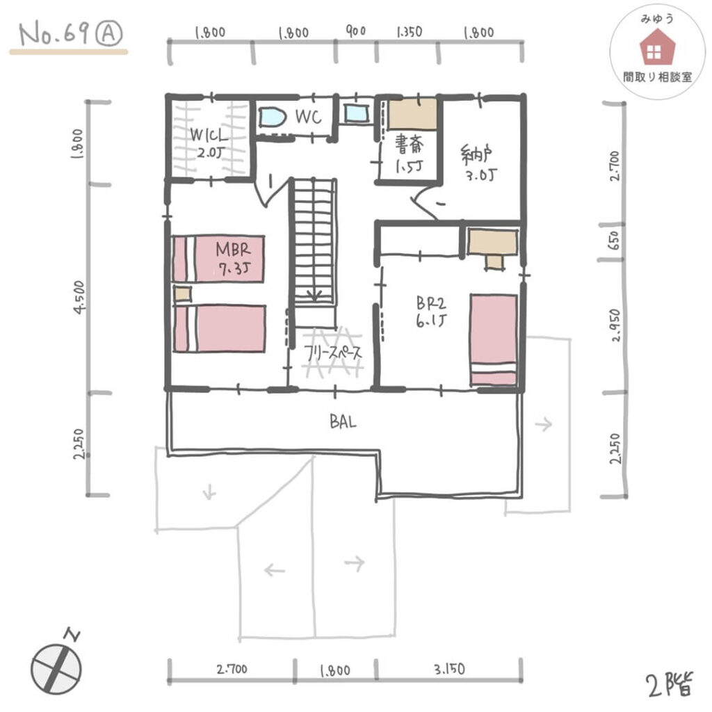 お互いが気を使わずに済む完全同居型二世帯住宅の間取り【37坪3LDK2階建】No.69A-寸法有2階