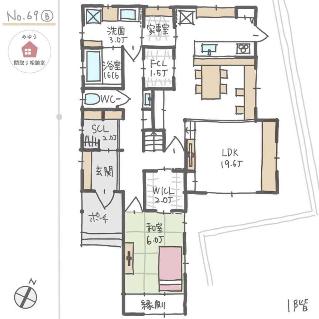 キッチン横に家事室がある完全同居型二世帯住宅の間取り【36坪3LDK2階建】No.69B-1階