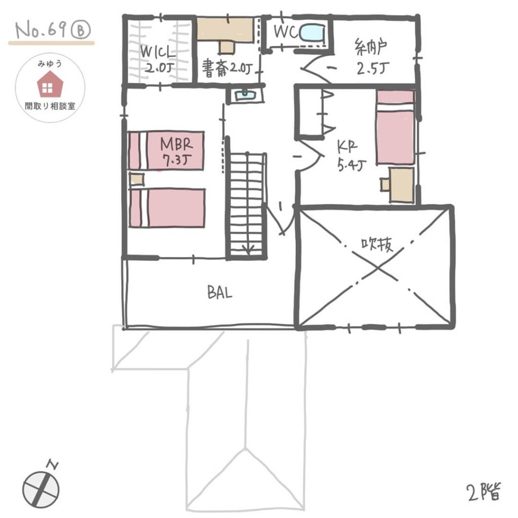 キッチン横に家事室がある完全同居型二世帯住宅の間取り【36坪3LDK2階建】No.69B-2階