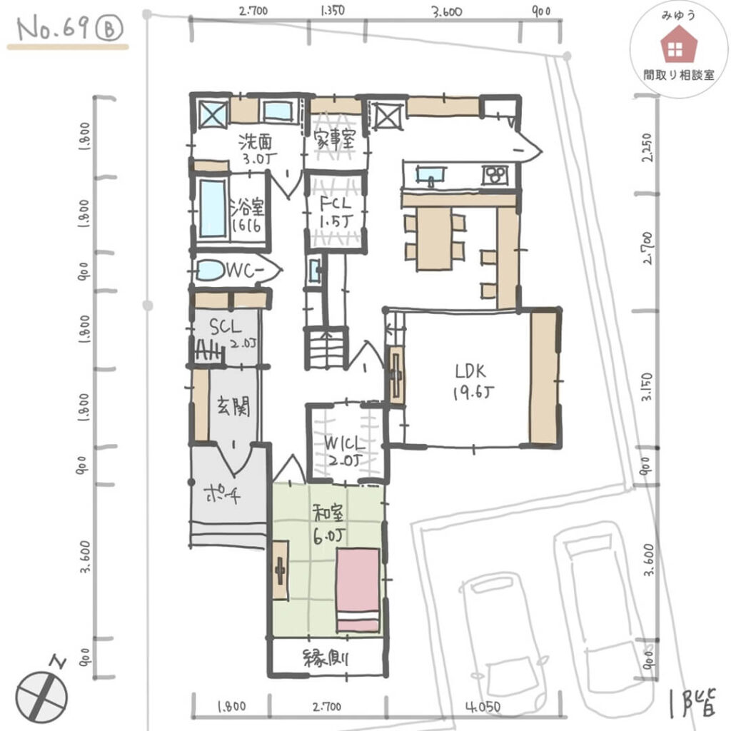 キッチン横に家事室がある完全同居型二世帯住宅の間取り【36坪3LDK2階建】No.69B-寸法有1階