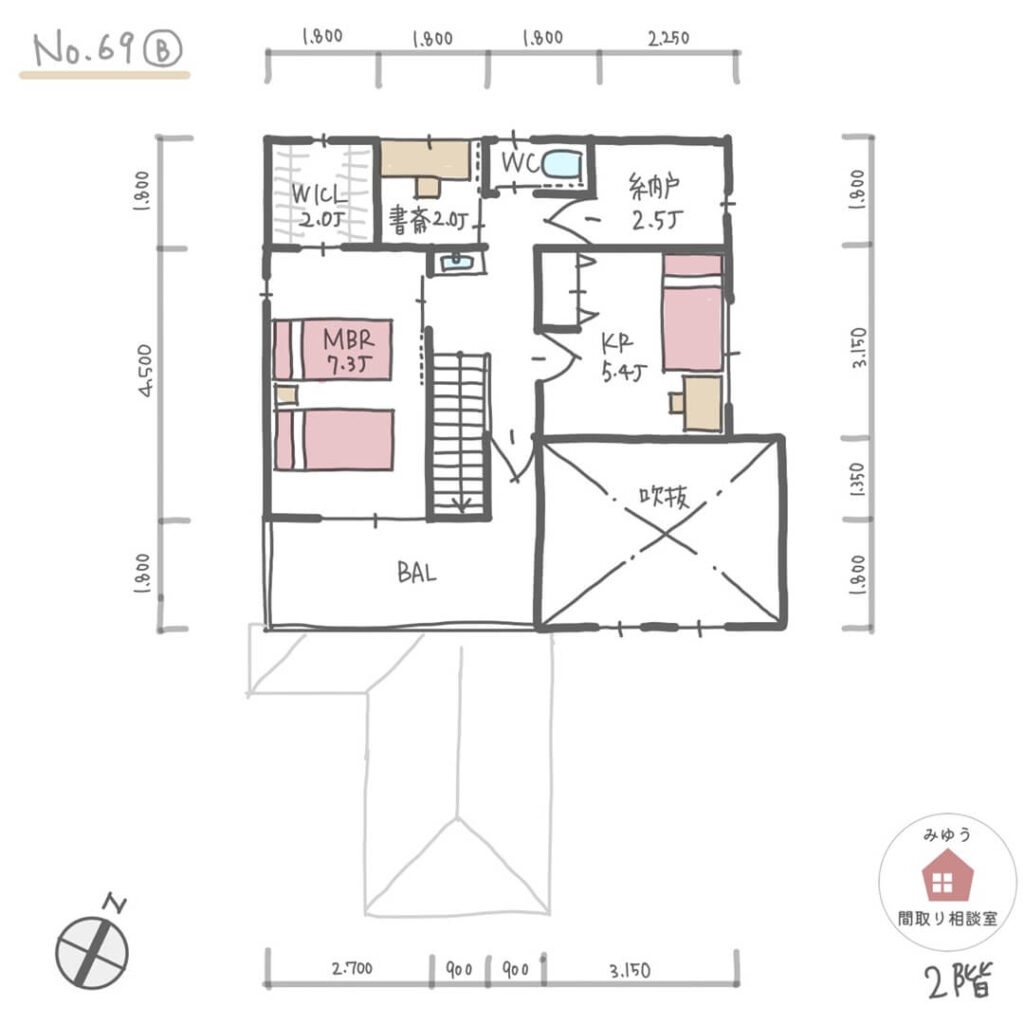 キッチン横に家事室がある完全同居型二世帯住宅の間取り【36坪3LDK2階建】No.69B-寸法有2階