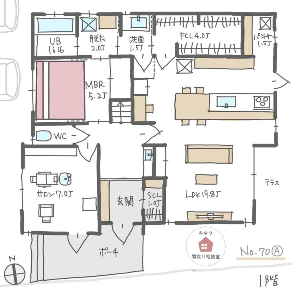 １階で家事が完結するサロン併設住宅の間取り【38坪3LDK2階建】No.70A-1階