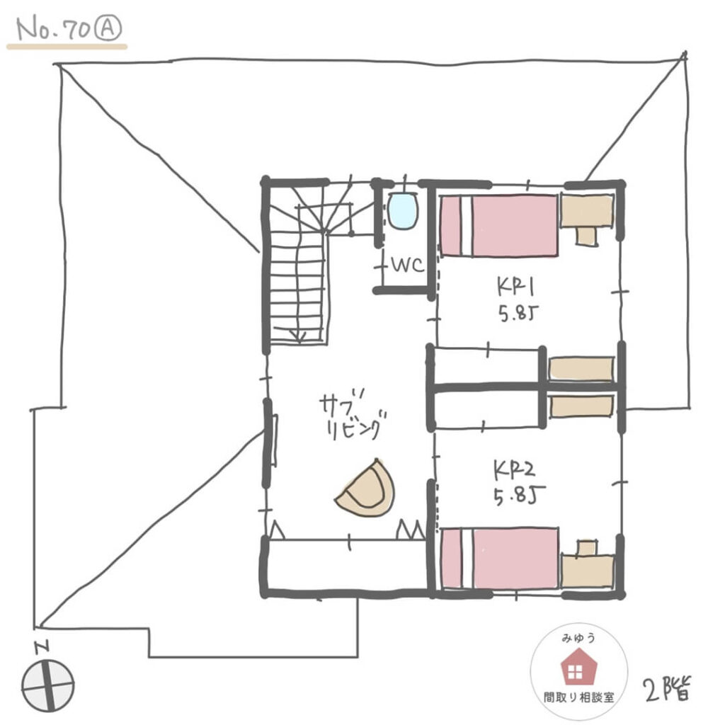 １階で家事が完結するサロン併設住宅の間取り【38坪3LDK2階建】No.70A-2階