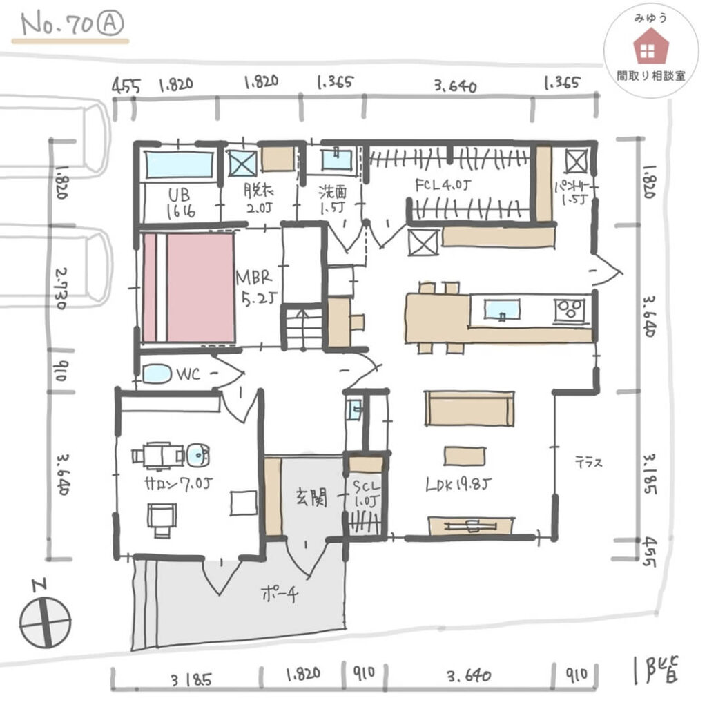 １階で家事が完結するサロン併設住宅の間取り【38坪3LDK2階建】No.70A-寸法有1階