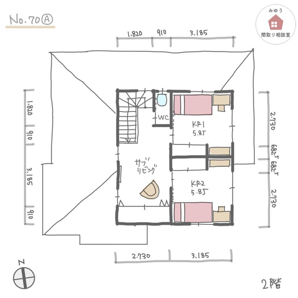 １階で家事が完結するサロン併設住宅の間取り【38坪3LDK2階建】No.70A-寸法有2階