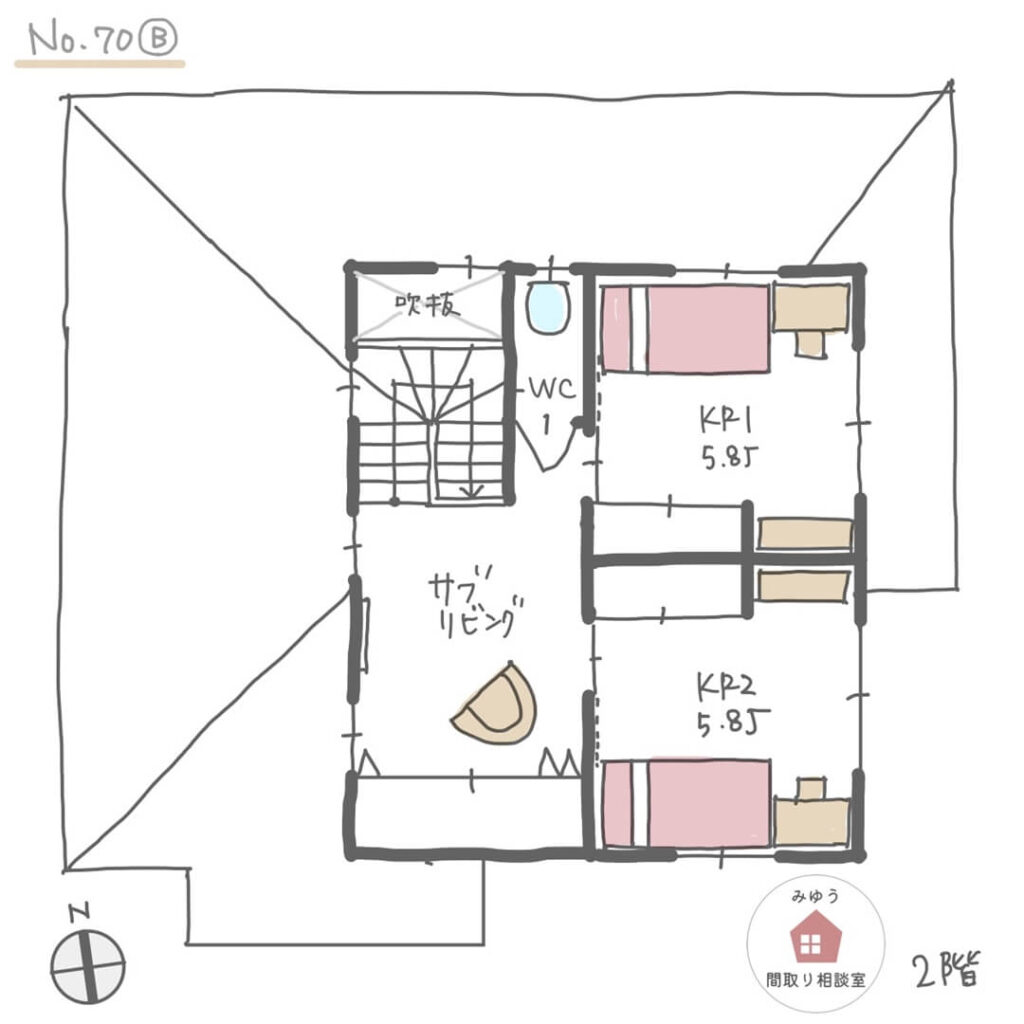 必要な場所に収納があるサロン併設住宅の間取り【36坪3LDK2階建】No.70B-2階