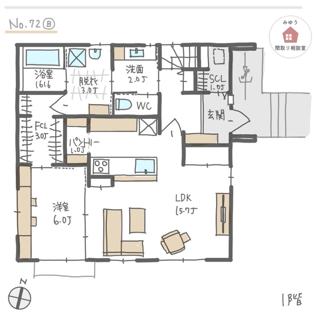 リビング横に将来の主寝室を設けた間取り【31坪4LDK2階建】No.72B-1階