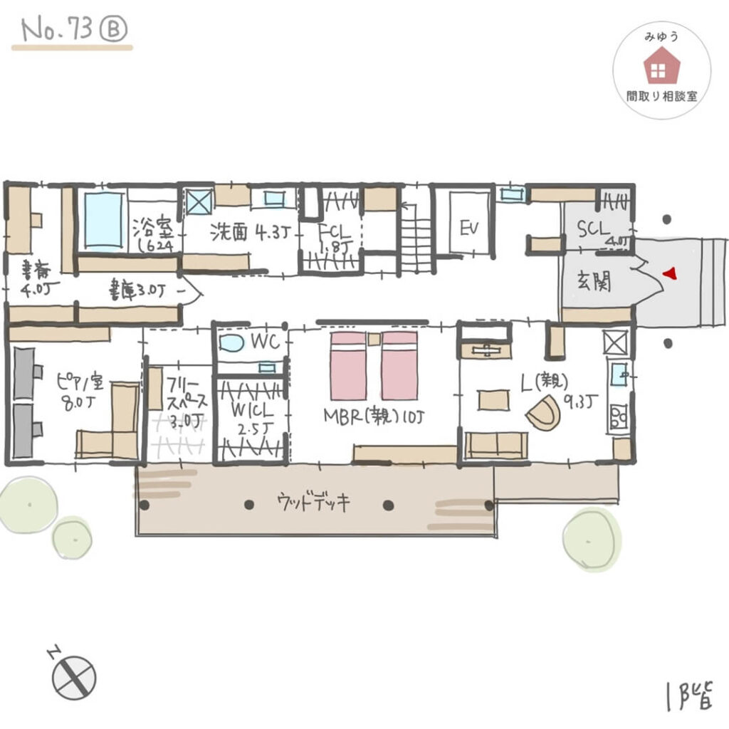 日当たりの良い南側に個室やLDKを配置した、２階リビングの二世帯住宅の間取り【72坪6LDK2階建】No.73B-1階