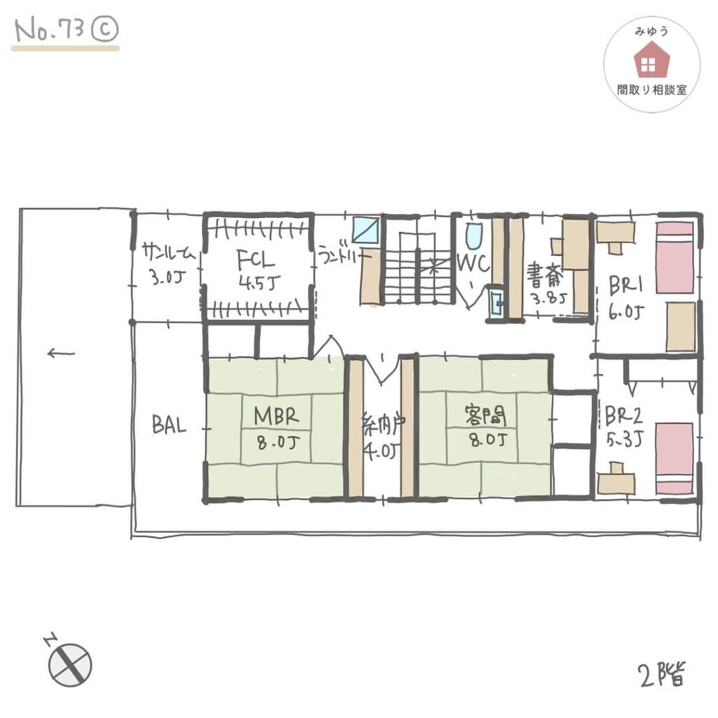 親世帯部屋が玄関や水回りに近い完全同居型二世帯住宅の間取り【67坪6LDK2階建】No.73C-2階