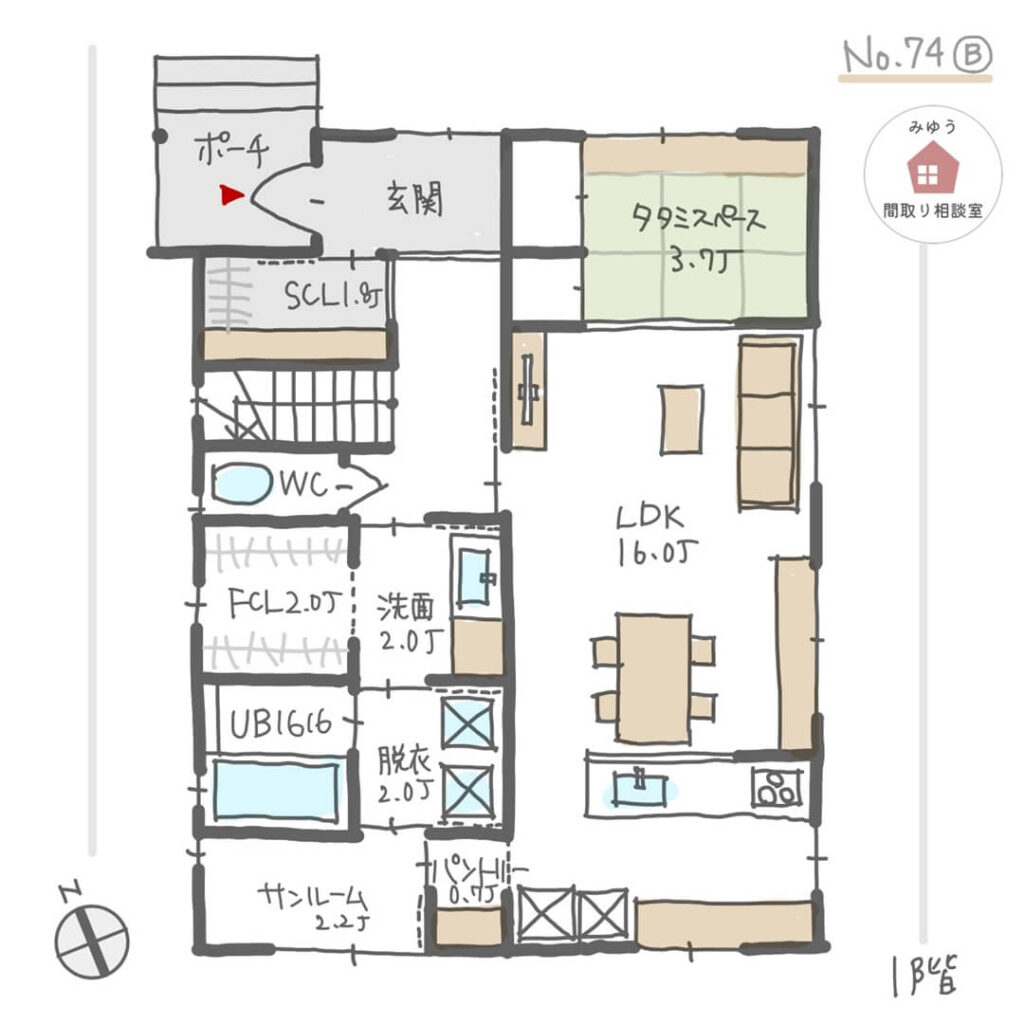 南面にサンルームがあり、回遊できる家事動線の間取り【35坪4LDK2階建】No.74B-1階