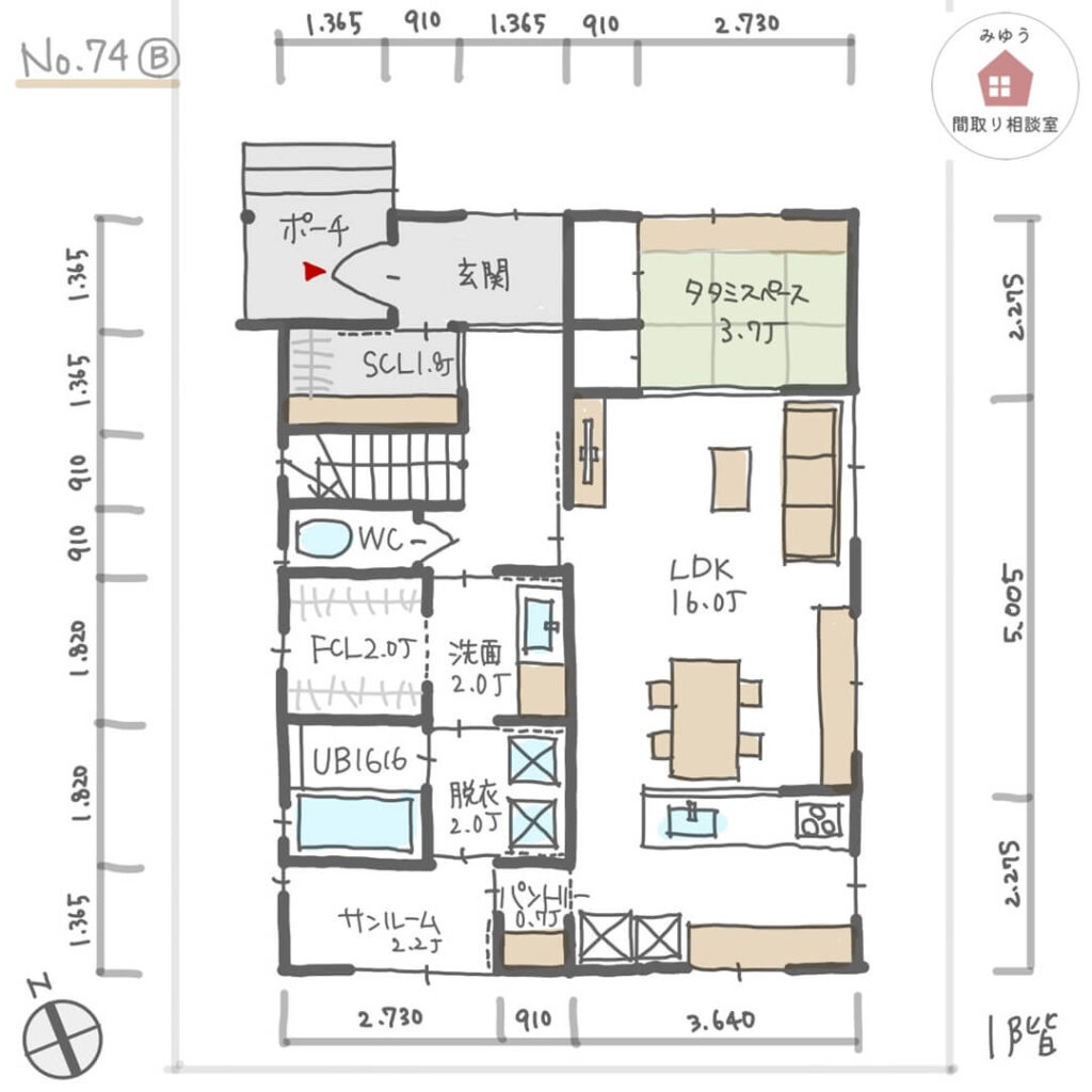 南面にサンルームがあり、回遊できる家事動線の間取り【35坪4LDK2階建】No.74B-寸法有1階