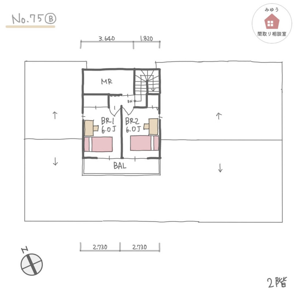 南に広いLDK直線配置のほぼ平屋、完全同居型二世帯住宅間取り【60坪6LDK2階建】No.75B-寸法有2階