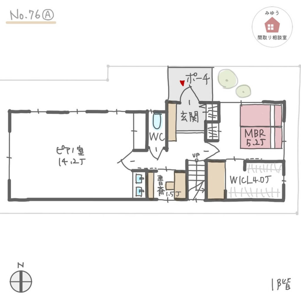 細長い敷地でピアノレッスン室がある間取り【33坪3LDK2階建】No.76A-1階