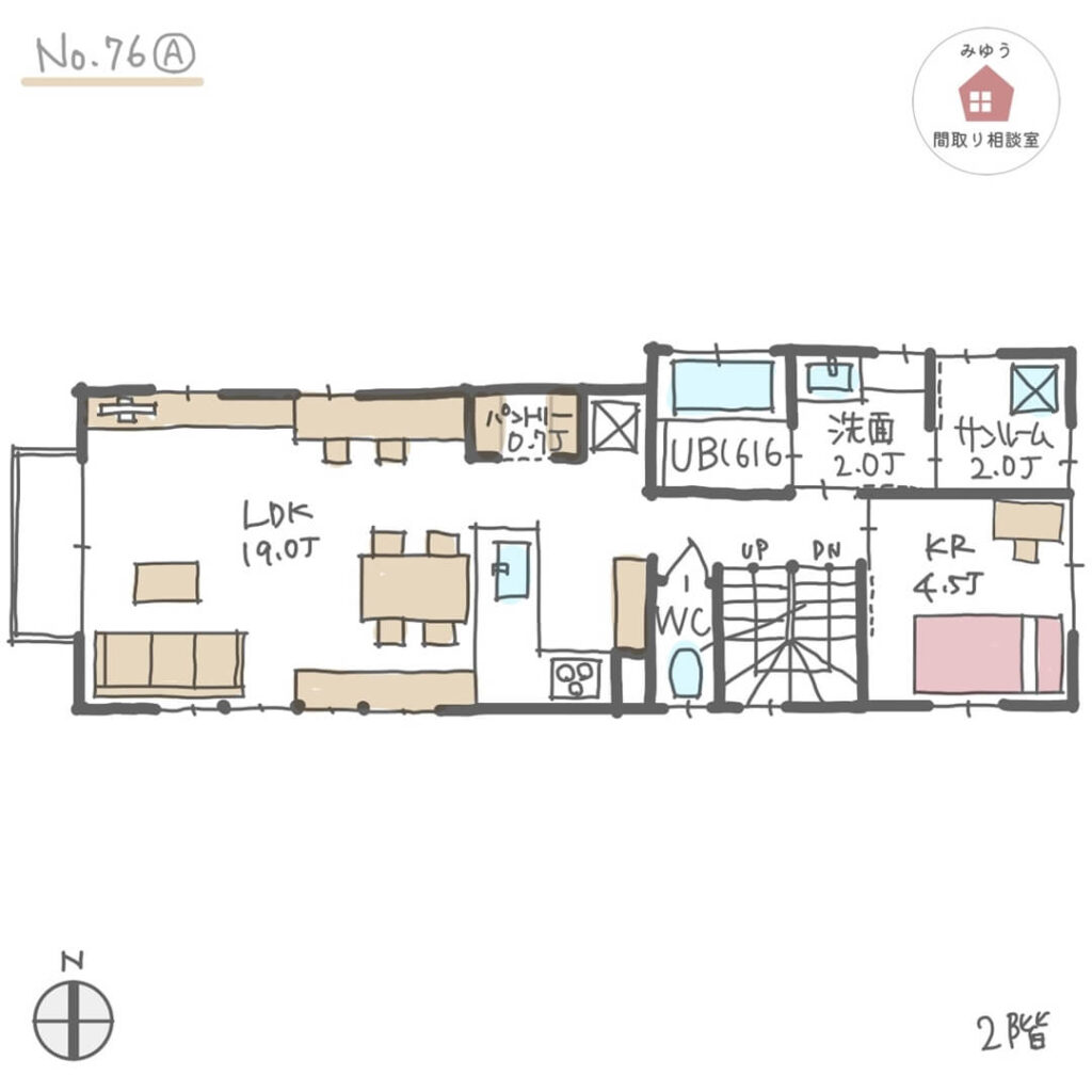 細長い敷地でピアノレッスン室がある間取り【33坪3LDK2階建】No.76A-2階