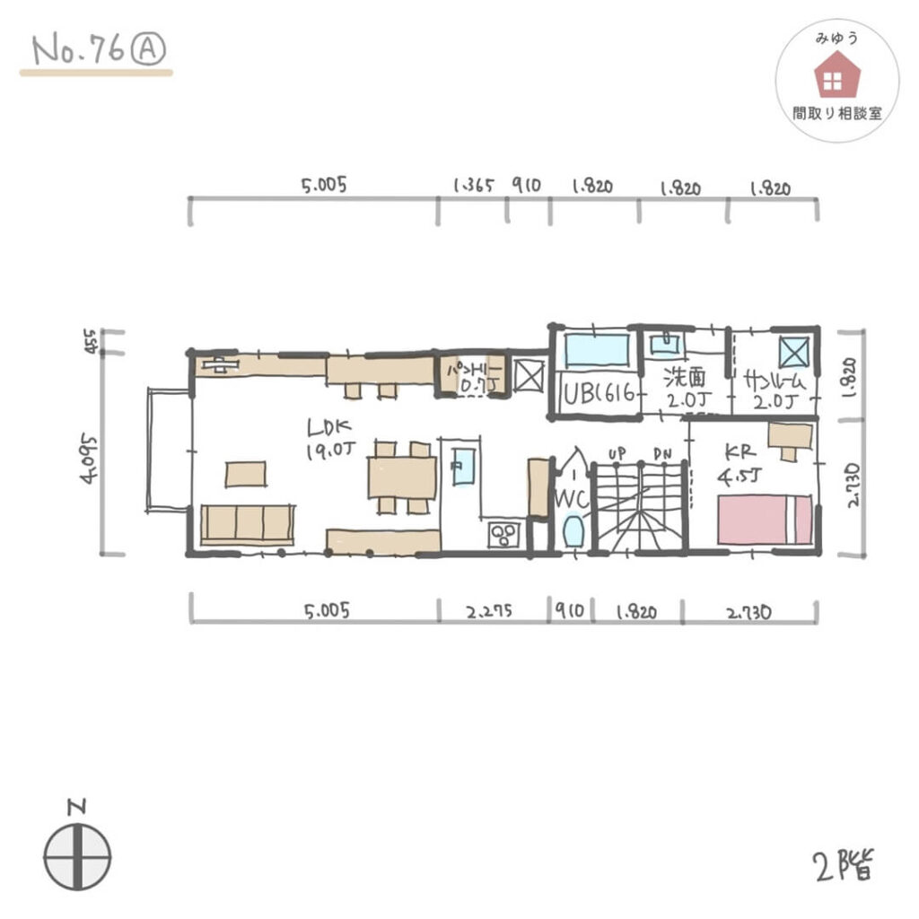 細長い敷地でピアノレッスン室がある間取り【33坪3LDK2階建】No.76A-寸法有2階