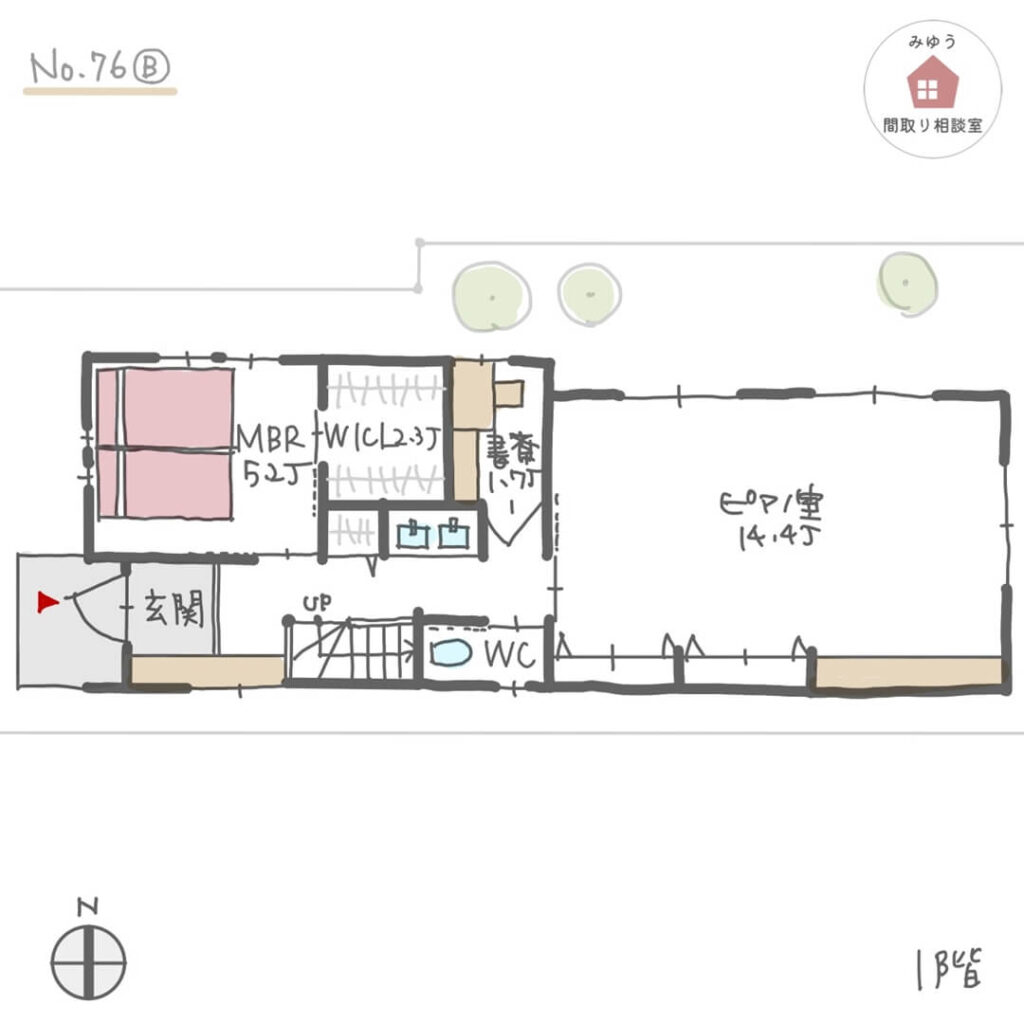 夫婦それぞれのワークスペースがある細長い敷地の間取り【32坪3LDK2階建】No.76B-1階