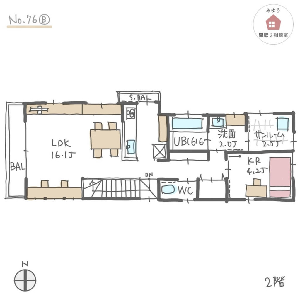 夫婦それぞれのワークスペースがある細長い敷地の間取り【32坪3LDK2階建】No.76B-2階