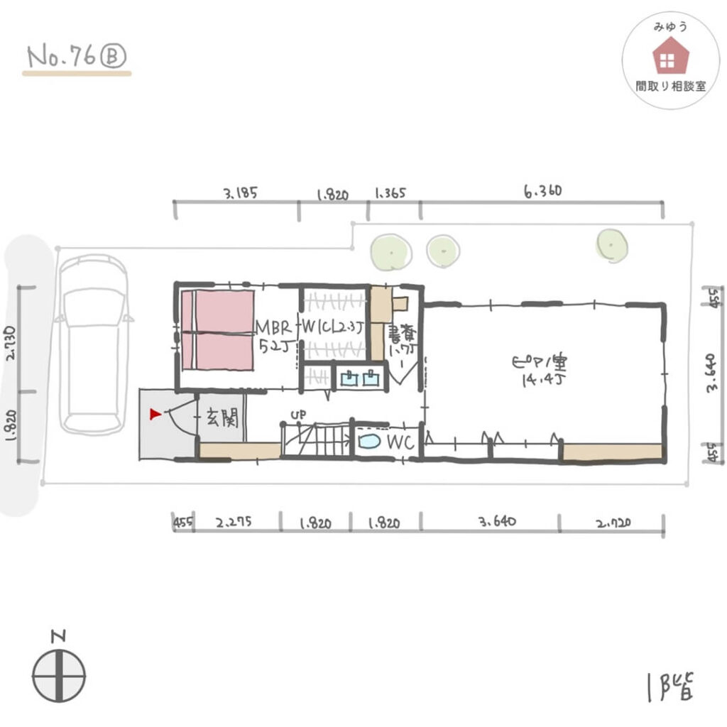 夫婦それぞれのワークスペースがある細長い敷地の間取り【32坪3LDK2階建】No.76B-寸法有1階