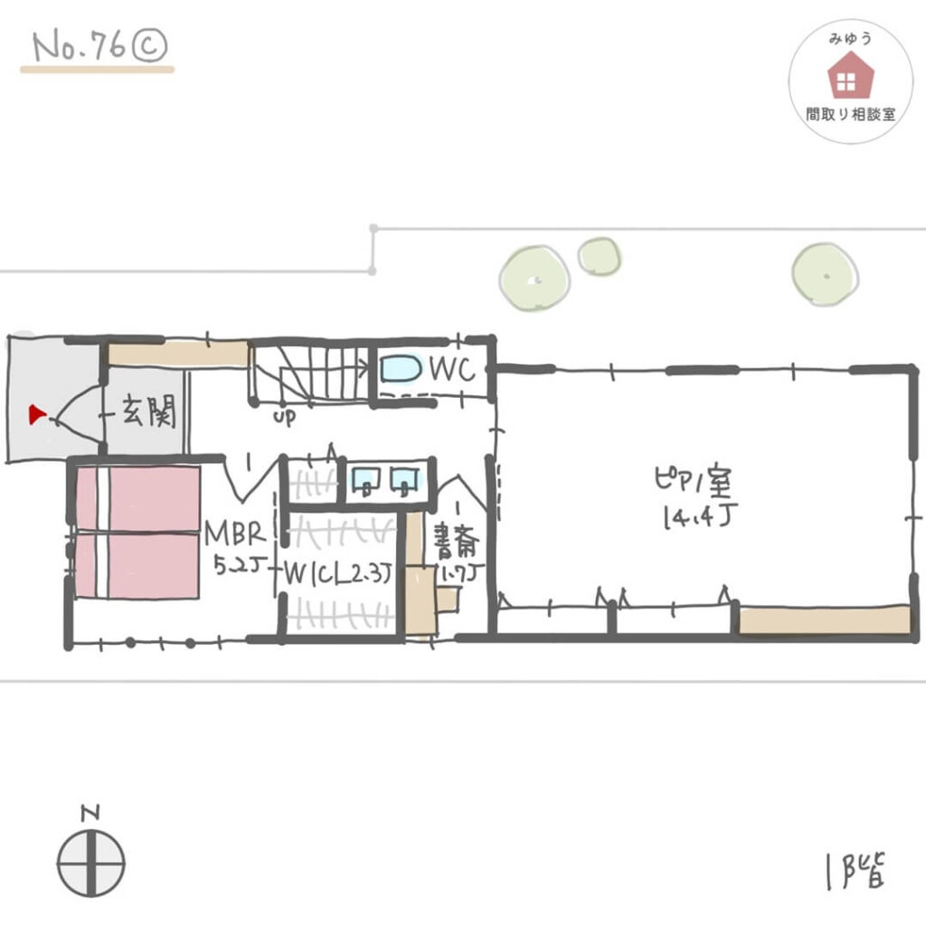 ランドリールームとして室内干しができるサンルームのある間取り【32坪3LDK2階建】No.76C-1階