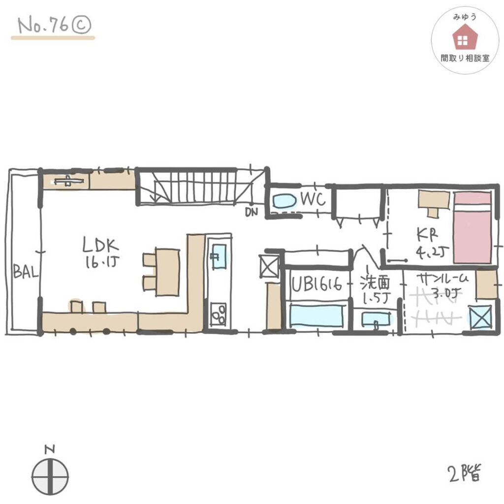 ランドリールームとして室内干しができるサンルームのある間取り【32坪3LDK2階建】No.76C-2階