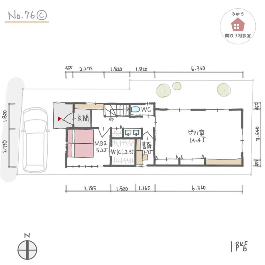 ランドリールームとして室内干しができるサンルームのある間取り【32坪3LDK2階建】No.76C-寸法有1階