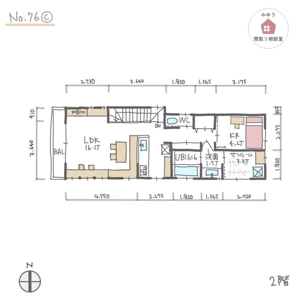 ランドリールームとして室内干しができるサンルームのある間取り【32坪3LDK2階建】No.76C-寸法有2階