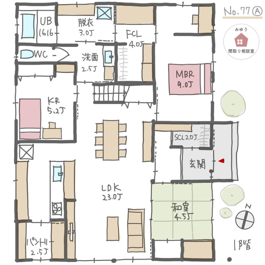 リビングを中心に個室を配置した平屋の間取り【32坪3LDK平屋建】No.77A-1階