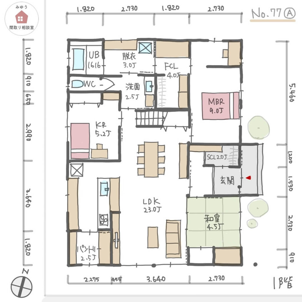 リビングを中心に個室を配置した平屋の間取り【32坪3LDK平屋建】No.77A-寸法有1階