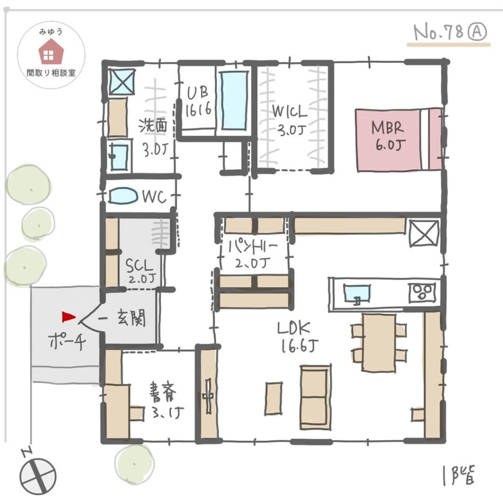 夫婦それぞれのワークスペースがある平屋間取り【22坪1LDK平屋建】No.78A-1階