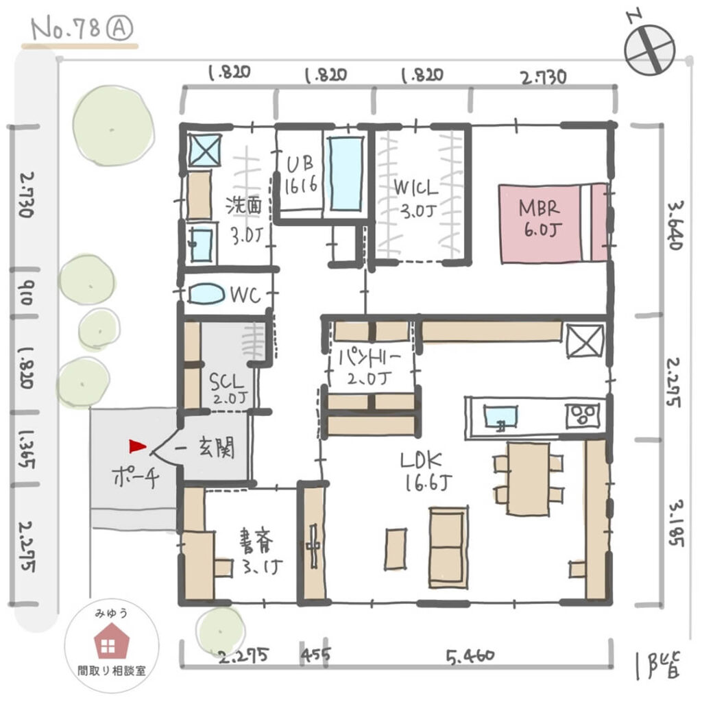 夫婦それぞれのワークスペースがある平屋間取り【22坪1LDK平屋建】No.78A-寸法有1階