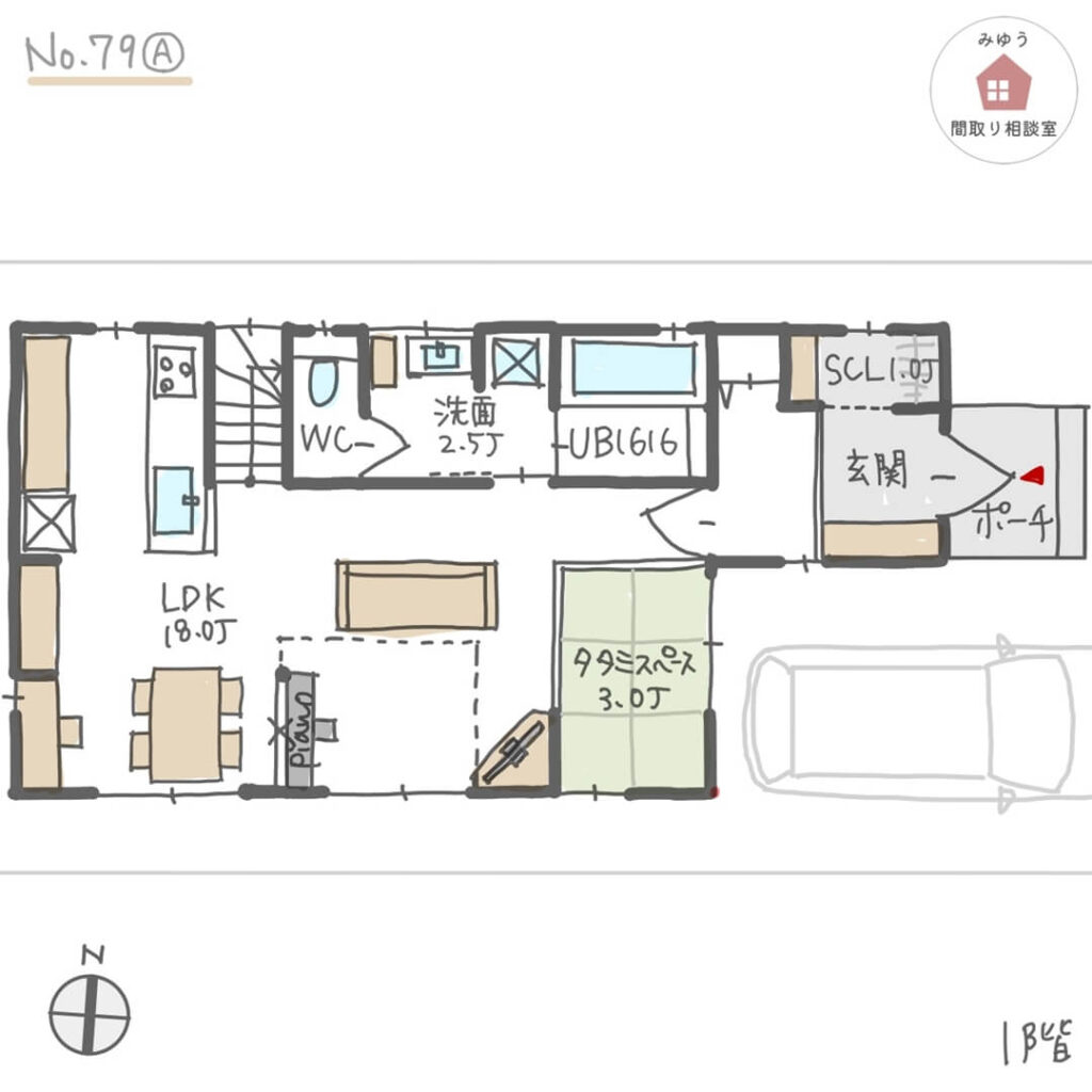 小上がり畳スペースが吹抜けリビング横にある間取り【30坪3LDK2階建】No.79A-1階