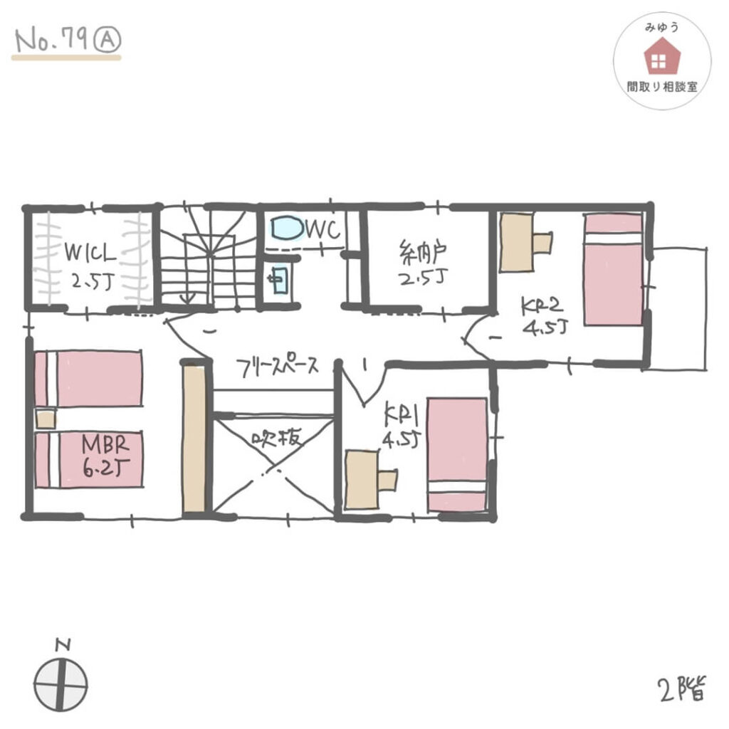 小上がり畳スペースが吹抜けリビング横にある間取り【30坪3LDK2階建】No.79A-2階