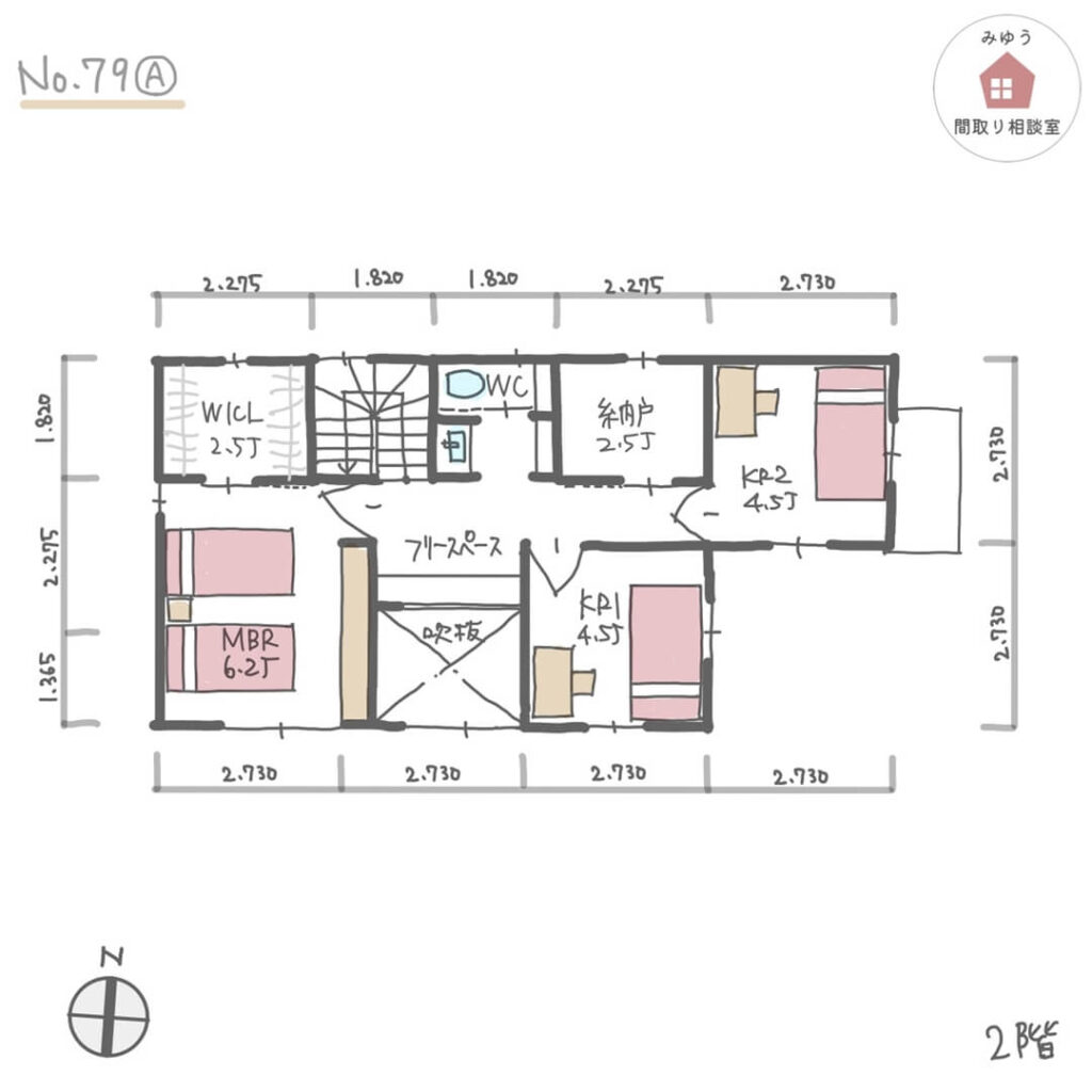 小上がり畳スペースが吹抜けリビング横にある間取り【30坪3LDK2階建】No.79A-寸法有2階