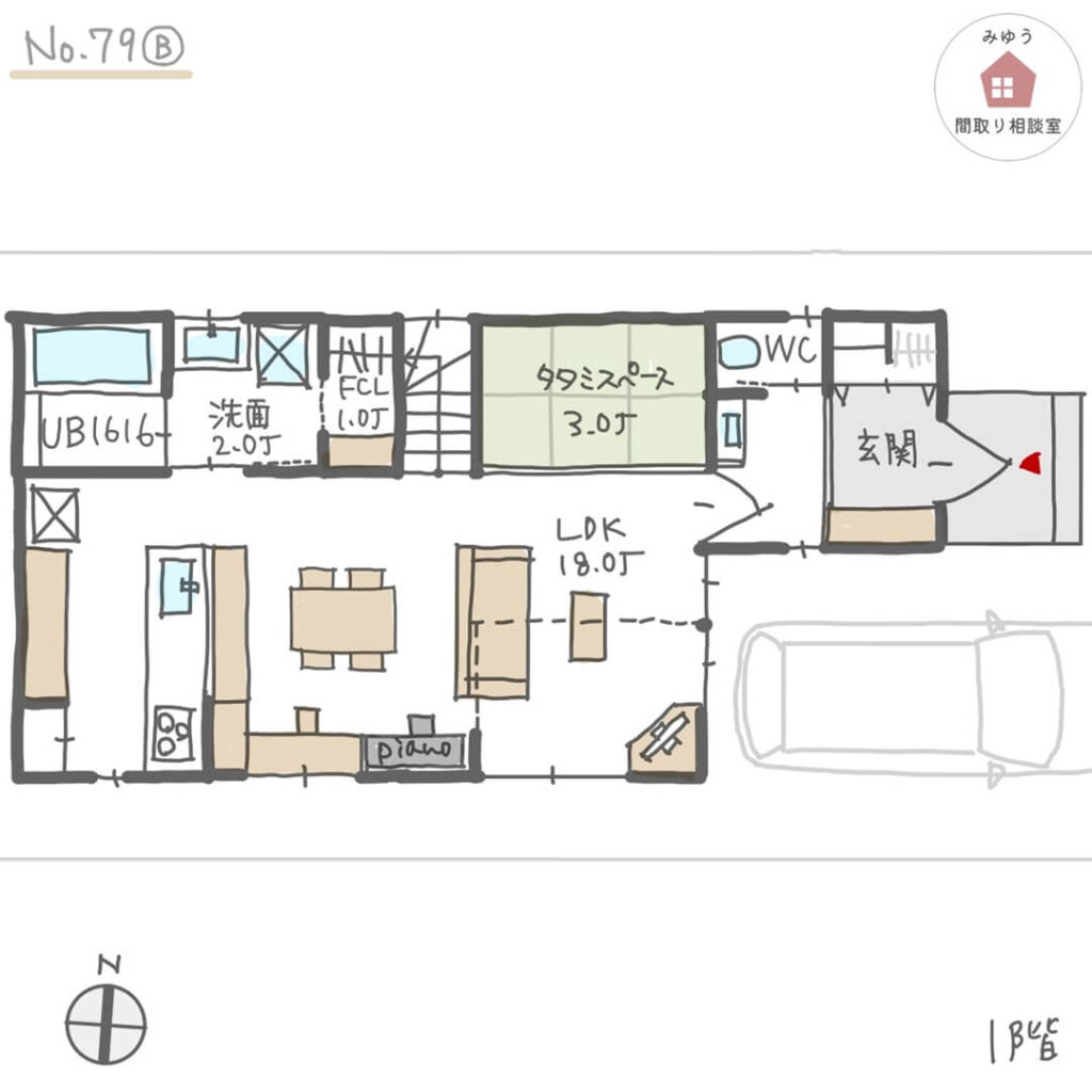 吹抜けから光を取り込む都市部住宅の間取り【30坪3LDK2階建】No.79B-1階