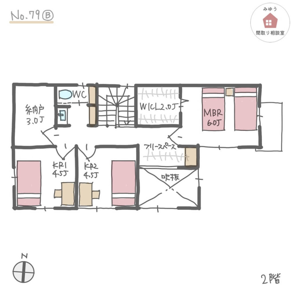 吹抜けから光を取り込む都市部住宅の間取り【30坪3LDK2階建】No.79B-2階