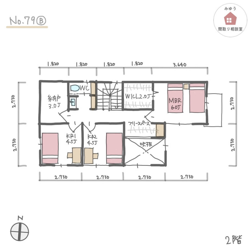 吹抜けから光を取り込む都市部住宅の間取り【30坪3LDK2階建】No.79B-寸法有2階