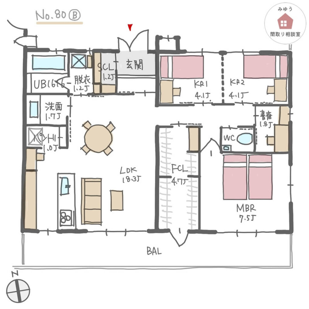 家の中心にファミリークローゼットを設けたマンションの間取り【26坪3LDK】No.80B