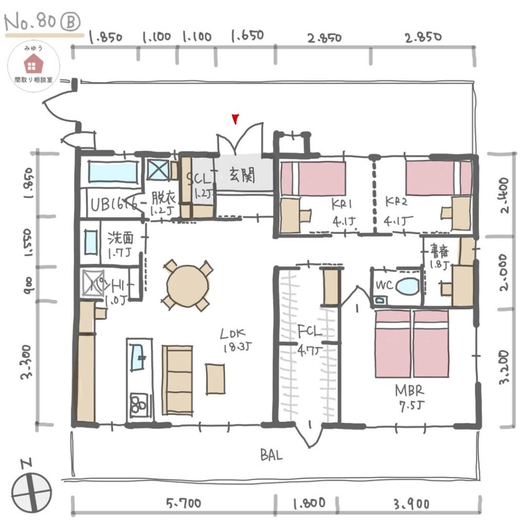 家の中心にファミリークローゼットを設けたマンションの間取り【26坪3LDK】No.80B-寸法有