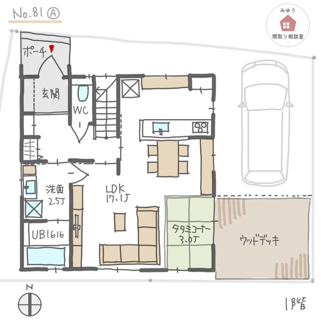 広いウッドデッキに面した畳スペースのある間取り【31坪4LDK2階建】No.81A-1階