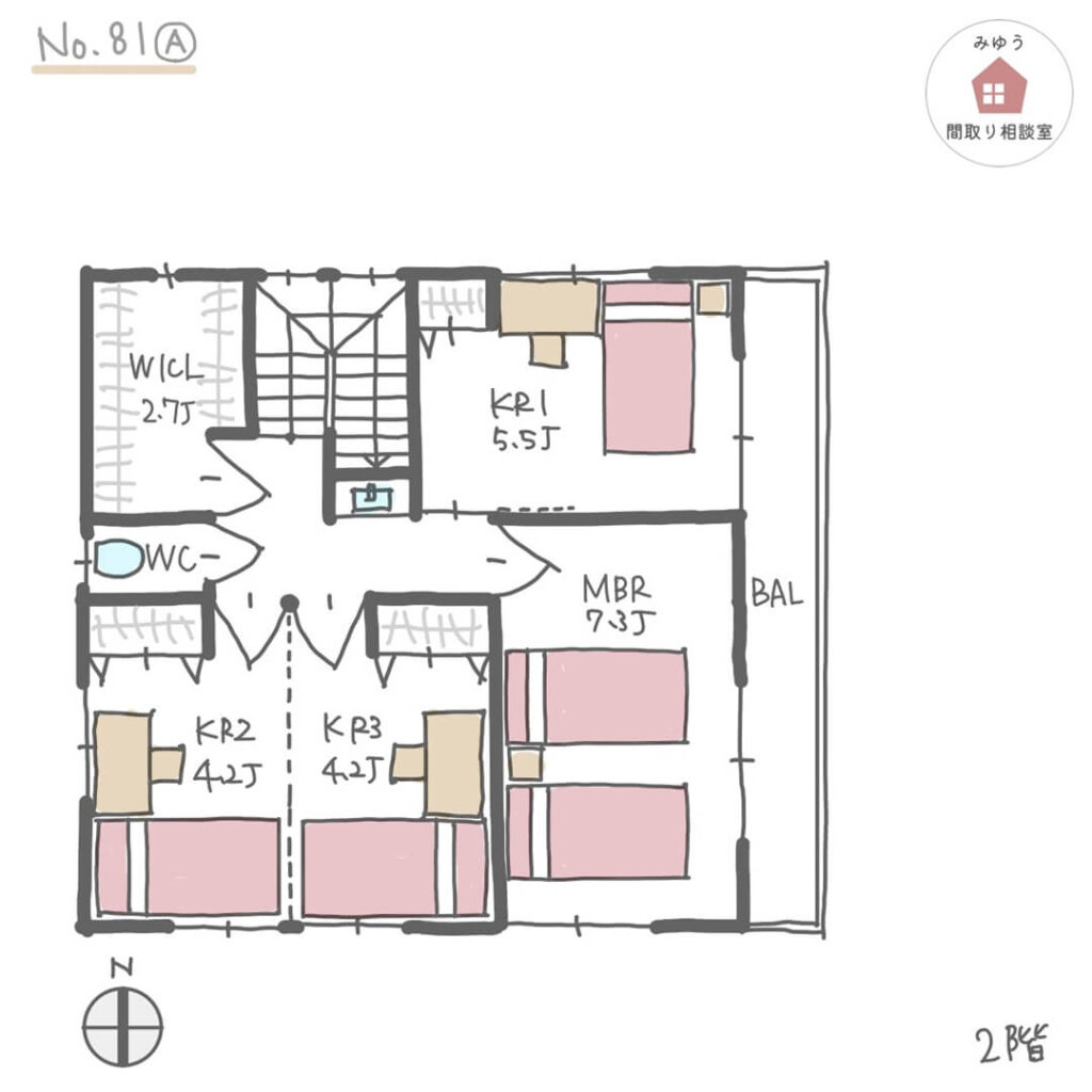 広いウッドデッキに面した畳スペースのある間取り【31坪4LDK2階建】No.81A-2階