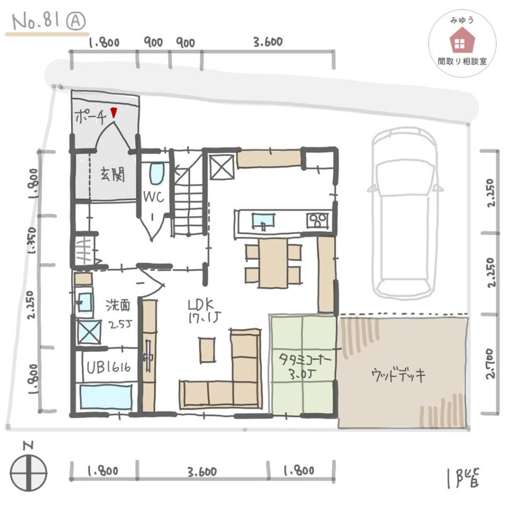 広いウッドデッキに面した畳スペースのある間取り【31坪4LDK2階建】No.81A-寸法有1階