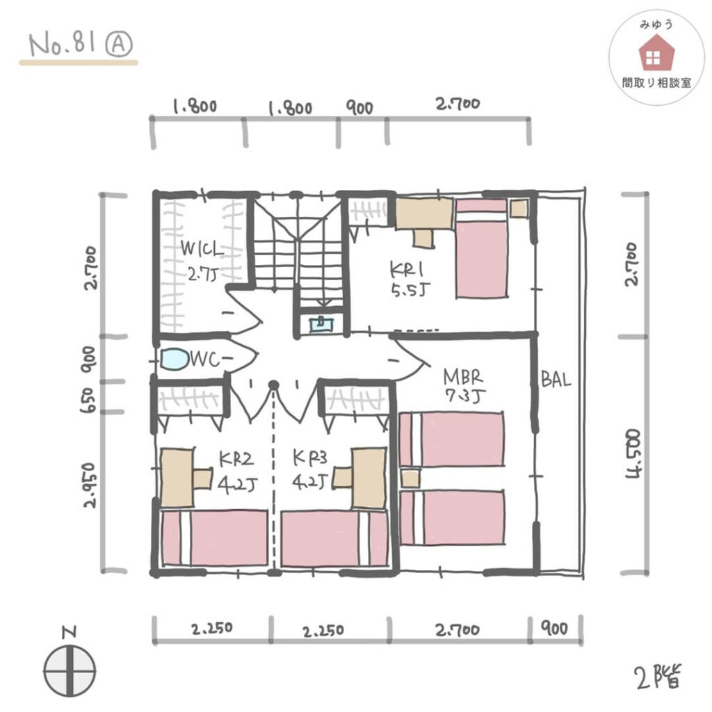 広いウッドデッキに面した畳スペースのある間取り【31坪4LDK2階建】No.81A-寸法有2階