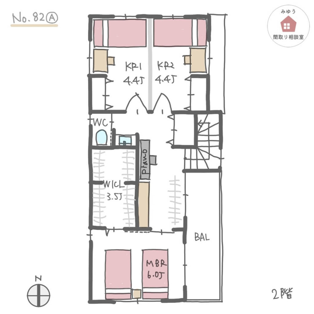 帰宅してからの片付けや手洗いうがいがしやすい間取り【29坪3LDK2階建】No.82A-2階