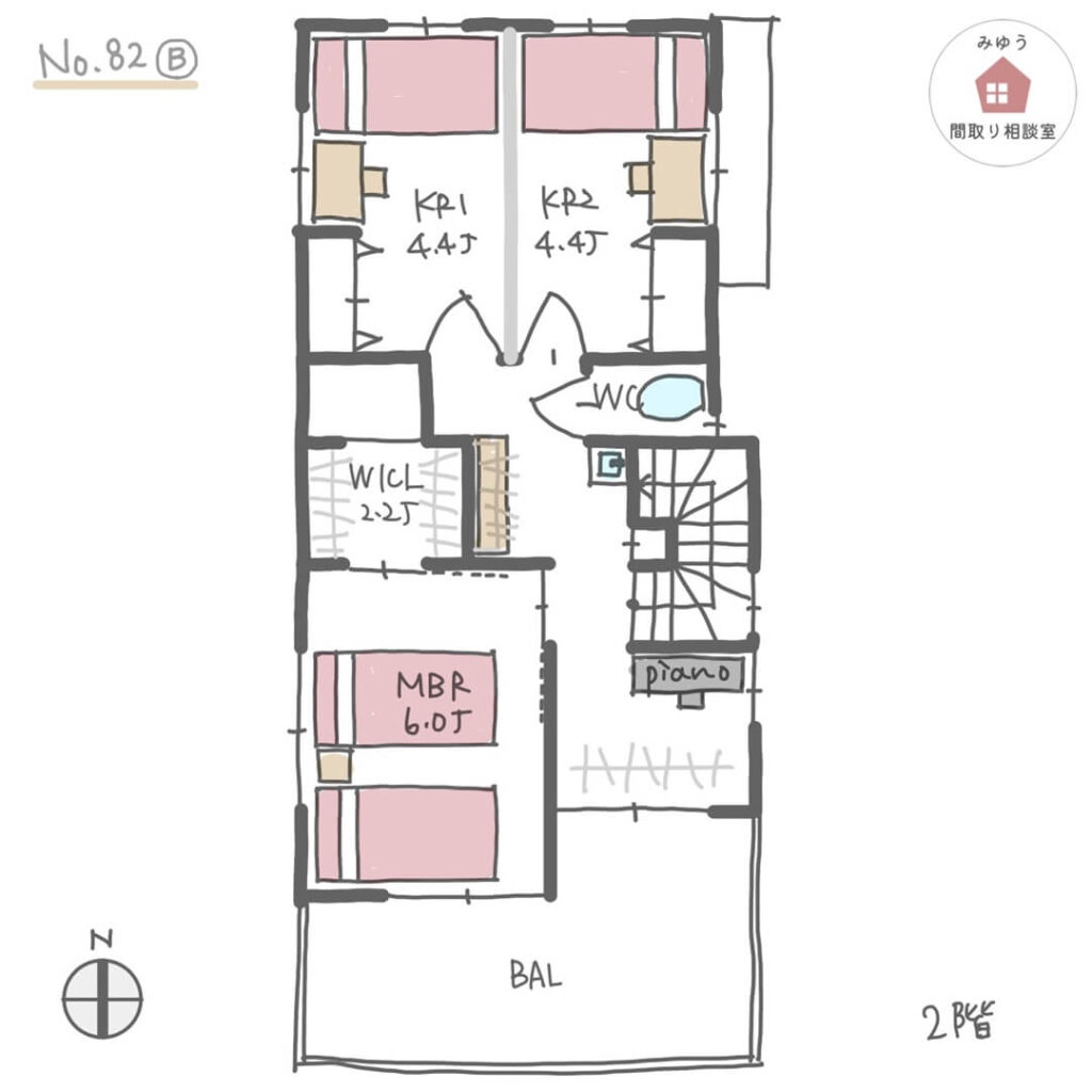 室内干しと外干しを切り替えやすい洗濯動線の良い間取り【29坪3LDK2階建】No.82B-2階