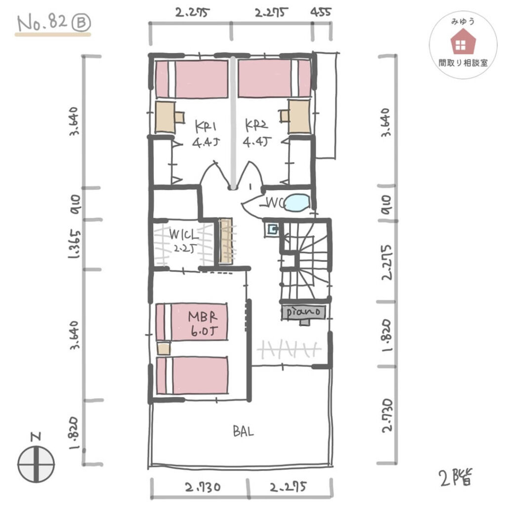 室内干しと外干しを切り替えやすい洗濯動線の良い間取り【29坪3LDK2階建】No.82B-寸法有2階