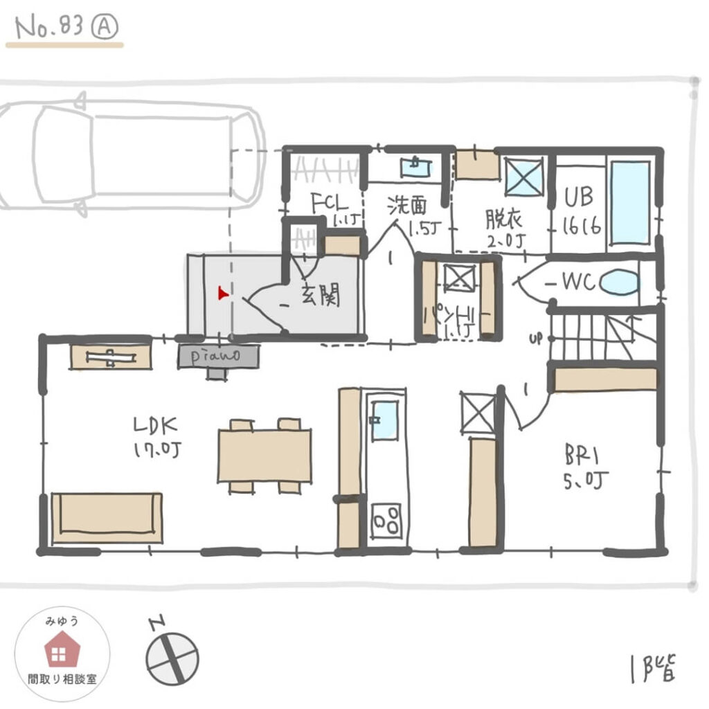 洗面・脱衣別でファミクロが近接した回遊動線の間取り【34坪5LDK2階建】No.83A-1階