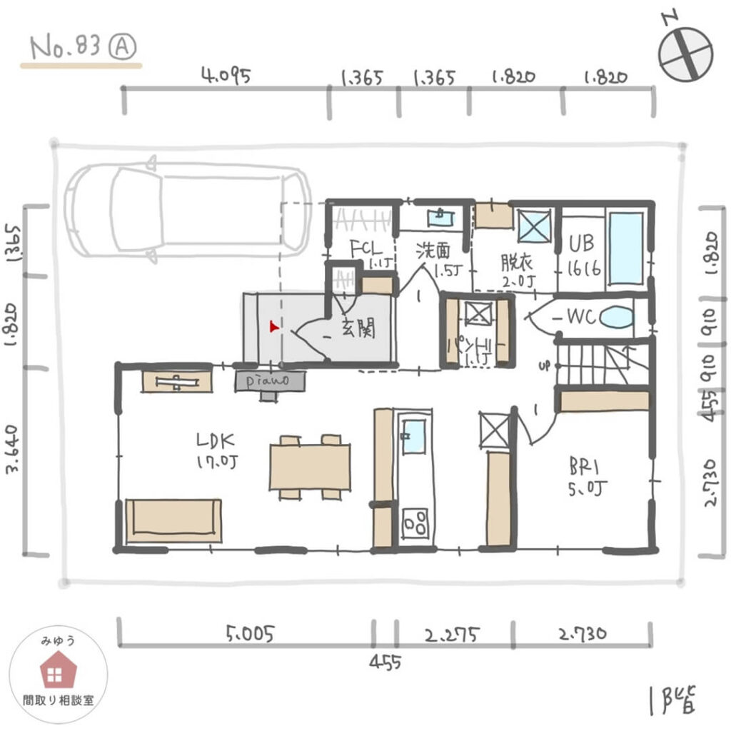 洗面・脱衣別でファミクロが近接した回遊動線の間取り【34坪5LDK2階建】No.83A-寸法有1階